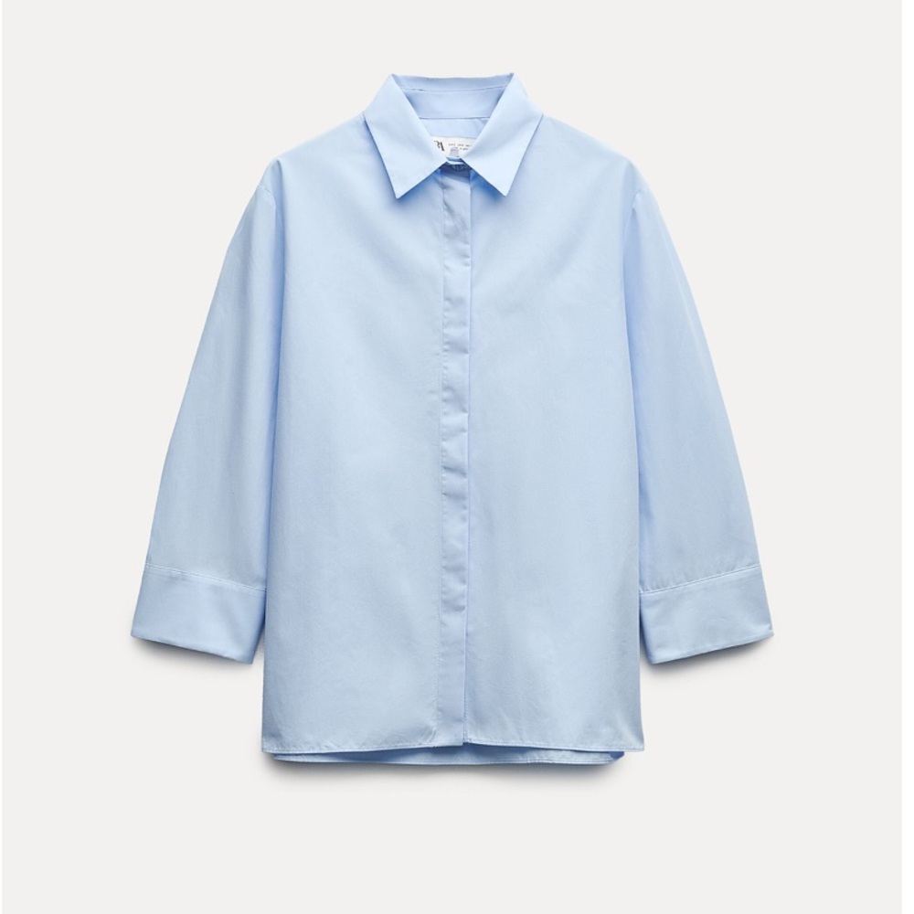 Zara Slim Fit Poplin Cotton Shirt Light Blue below-the-elbow sleeves ZW XS NWT